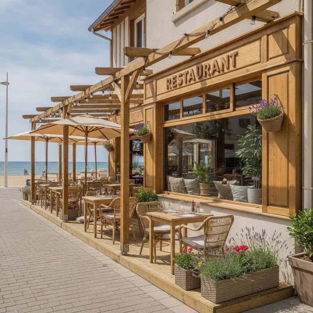 Restaurant 1500m² à Le Barcarès : terrasse - cuisine équipée