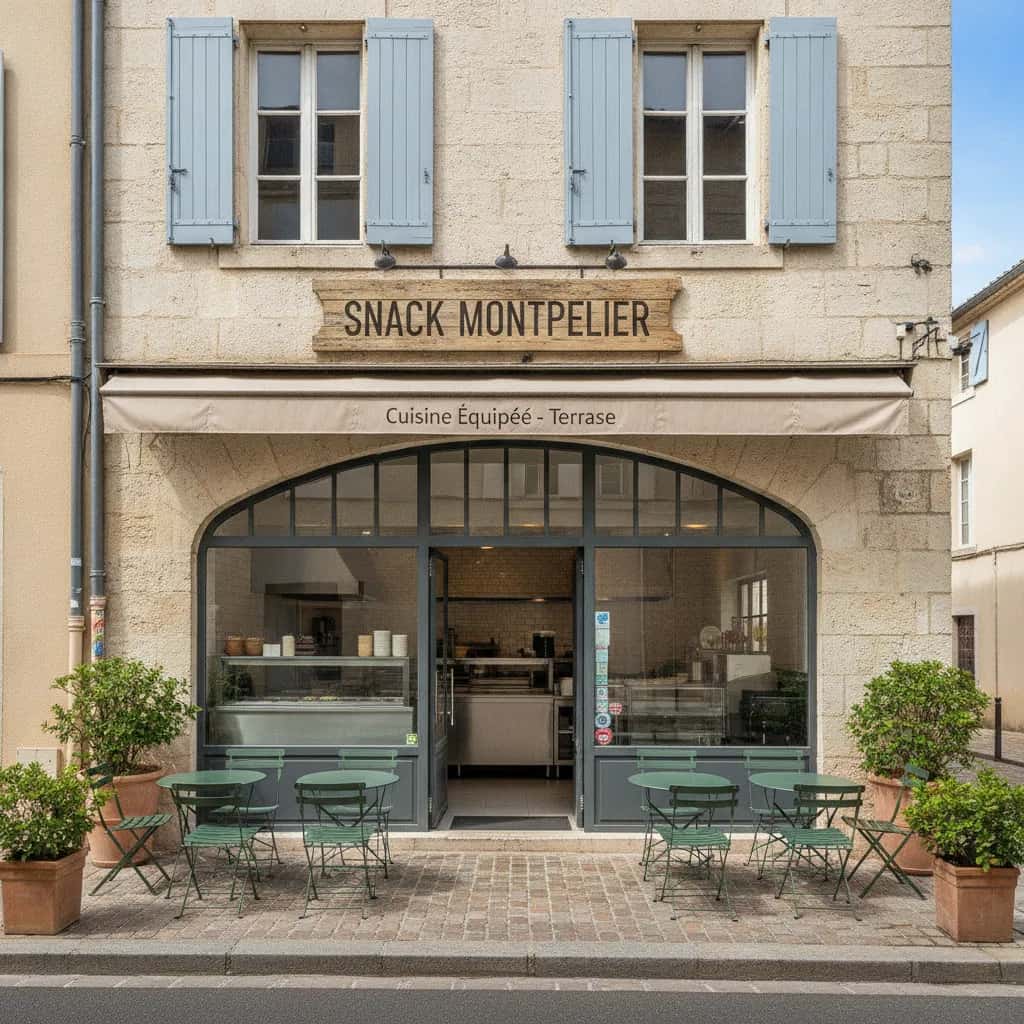 Snack 92m² à Montpellier : terrasse - cuisine équipée