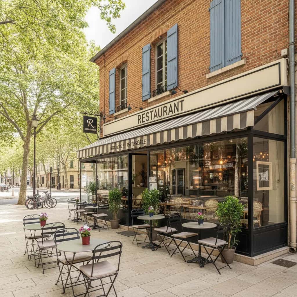 Restaurant 95m² à Toulouse : terrasse - cuisine équipée