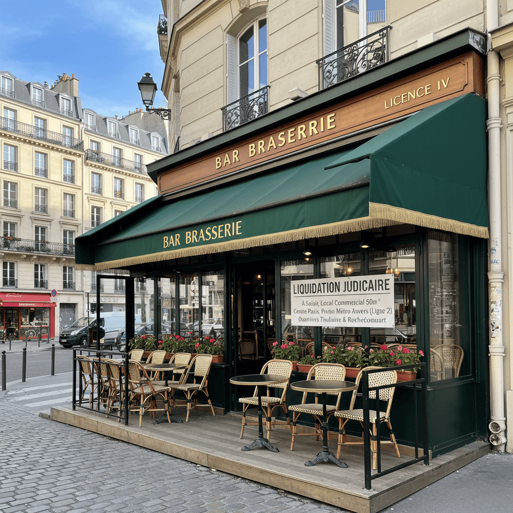 Bar-brasserie 50m² à Paris : terrasse - licence IV en liquidation judiciaire