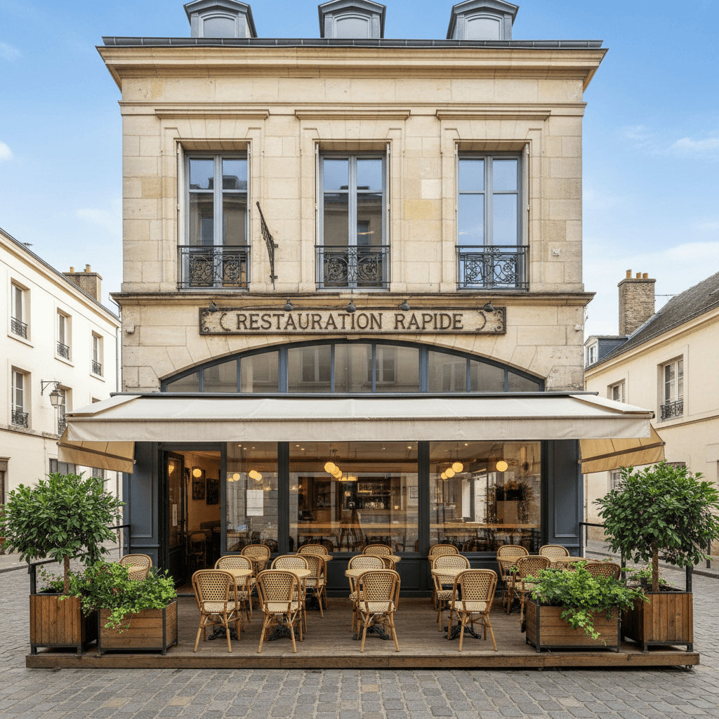 Snack 78m² à Reims : terrasse - cuisine équipée