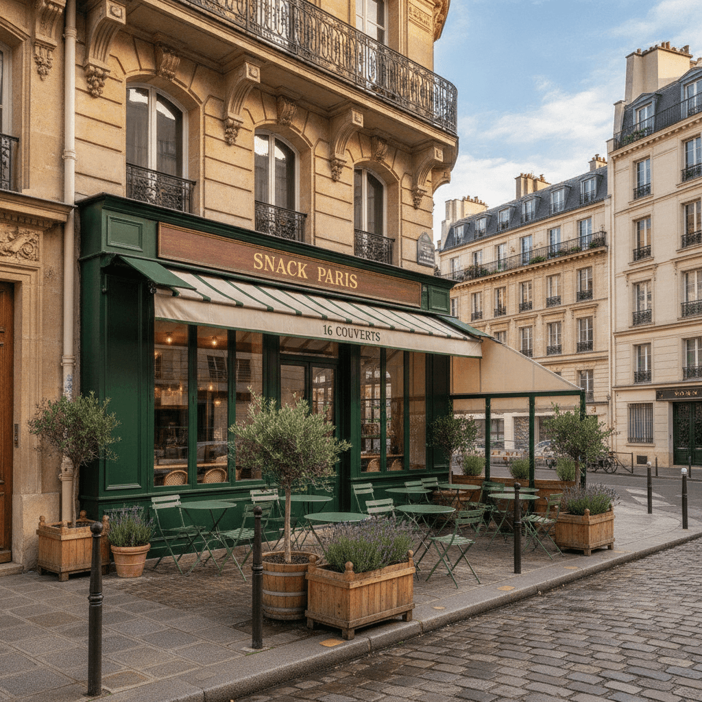 Snack 16 couverts à Paris : terrasse - cuisine équipée