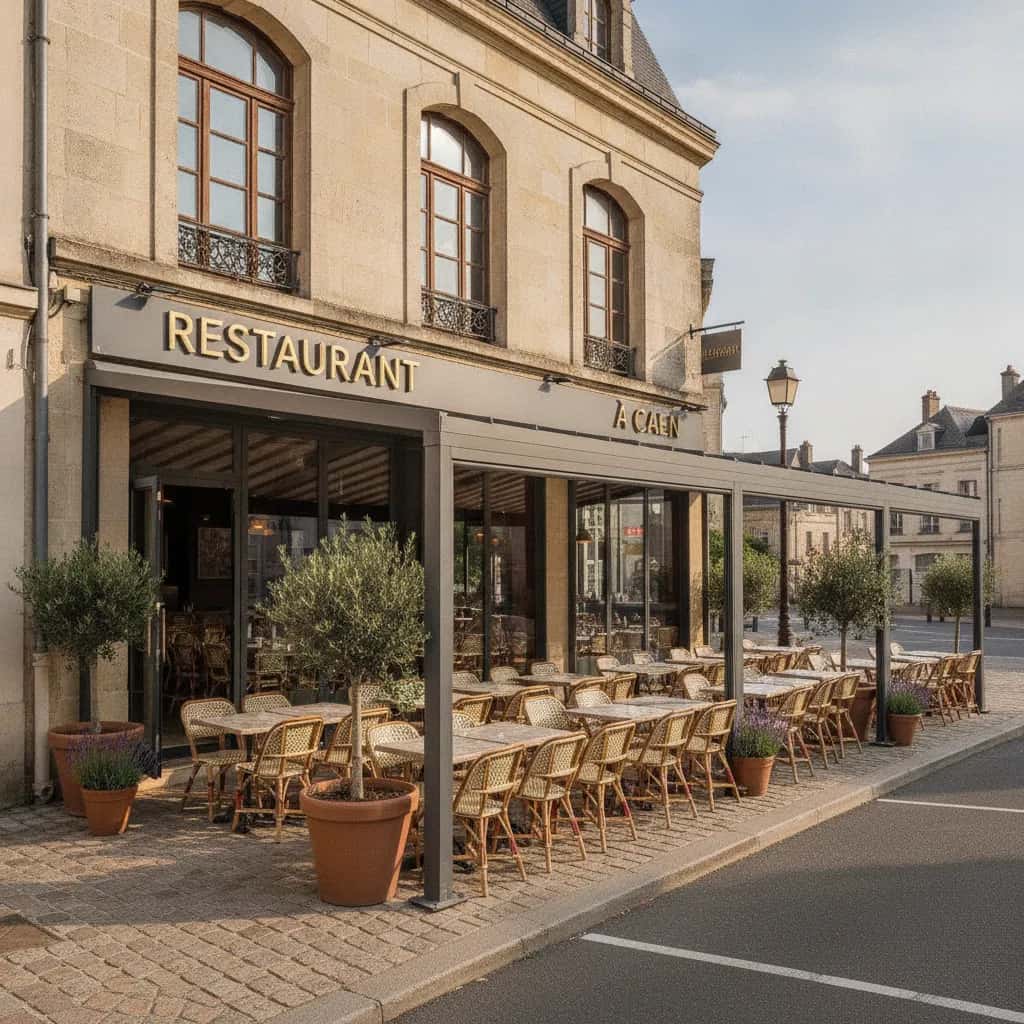 Restaurant 150m² à Caen : terrasse - cuisine équipée