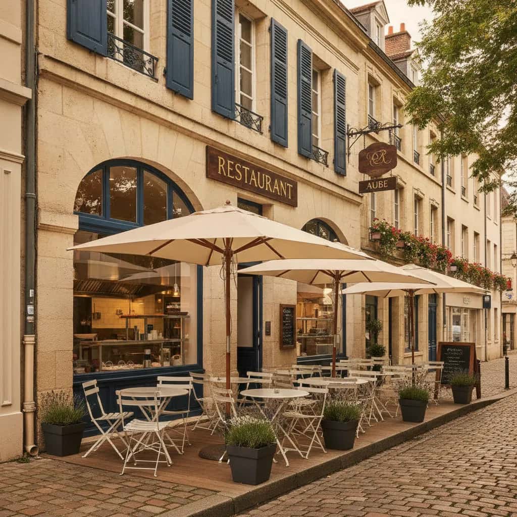 Restaurant à Aube : terrasse - cuisine équipée